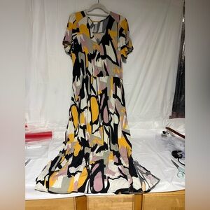 Abstract V-Neck Maxi Dress in Black, Yellow & Pink